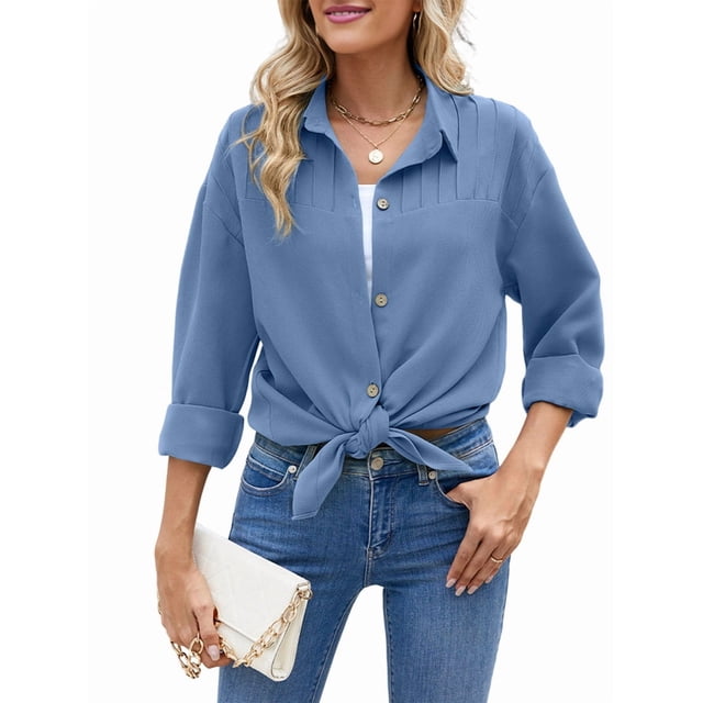 Camisas de Larga con Botones para Mujer, Blusas de Trabajo de Gran Tamaño con Cuello y Hombros Caídos, Blusa Holgada con Textura Azul Vaquero XL