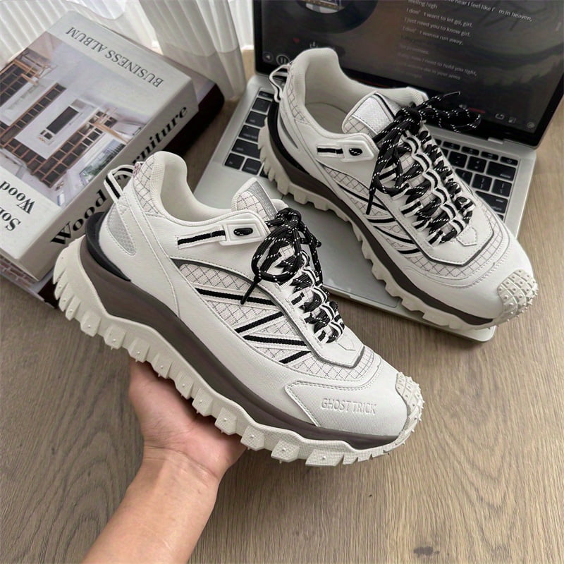 Men'S Chunky Platform Sneakers - Slip-On/Lace-Up Closure, Cushioned PVC Sole, All-Season Outdoor Hiking & Casual Shoes in White/Gray/Black colorway - for Everyday, Gym, Travel - Breathable Fabric