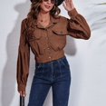 thumbnail image 4 of Short Jacket Dropped Shoulder Puff Long Sleeve Pocket Button Casual Tops for Women Brown M, 4 of 6
