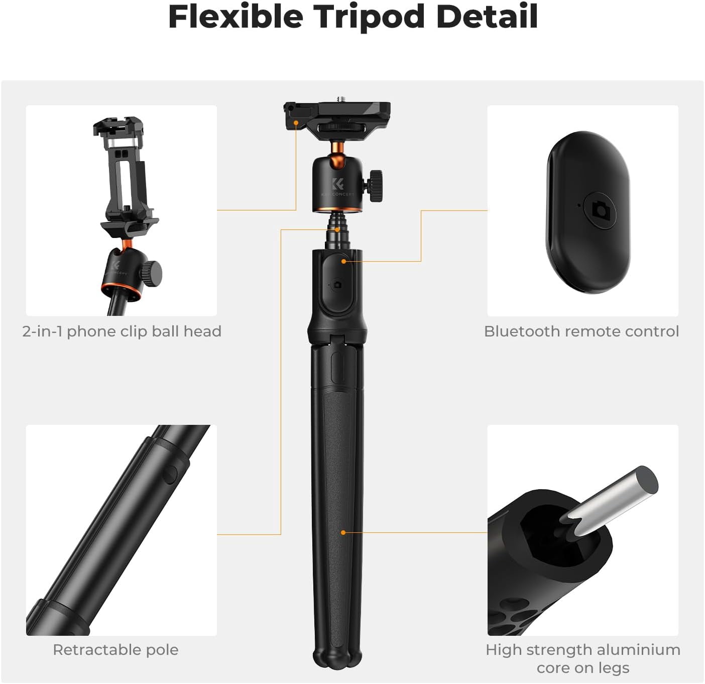 K&F Concept Phone Tripod, Extendable Flexible Tripod with Remote 24in Small Tripod, Mini Tripod, Max Load 4.4lb for Phone 16 15 14 Pro Max XS Max X 8 Samsung CO NIK SNE