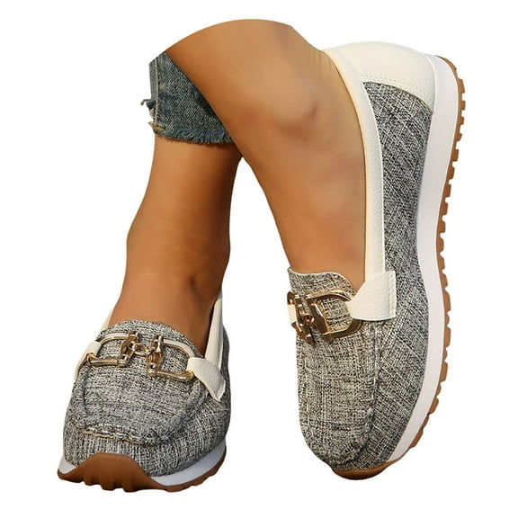 Mepaouo Flats Shoes Women Slip on Loafers Comfortable Canvas Walking Boat Dress Shoes with Metal Chain