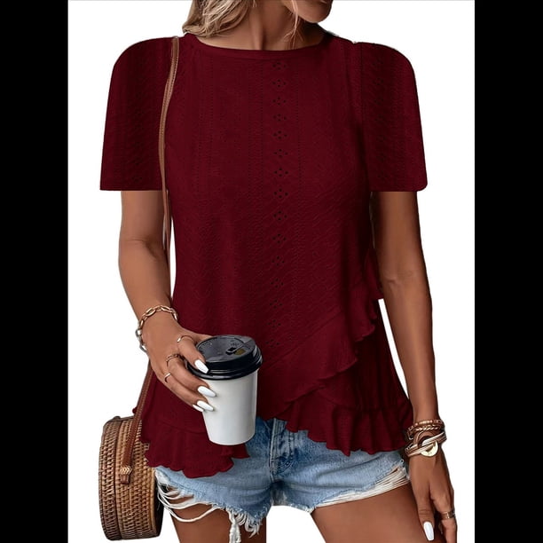 Blusas de Verano con Ojales para Mujer 2025, Blusas Asimétricas de Moda para Verano, Blusas de Color Liso para Salir, Color Vino Tinto XL