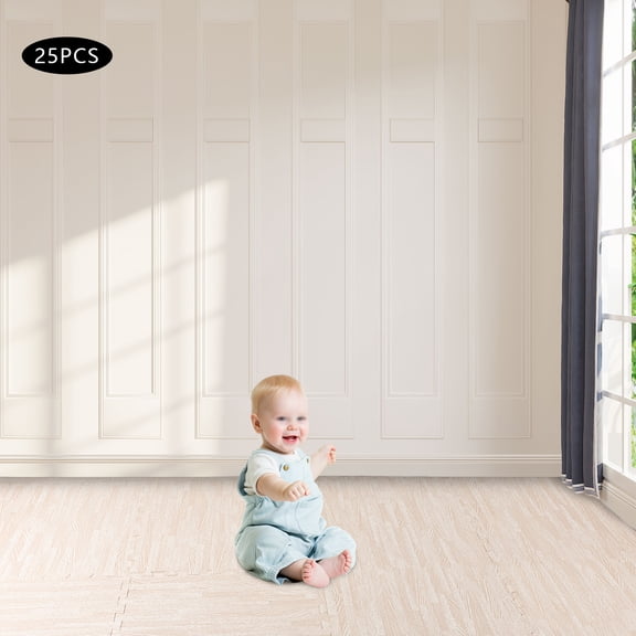 25-Pack White Wood Grain Foam Floor Mats 24x24 Inch Each EVA & PE Interlocking Tiles for Home Gym, Playroom