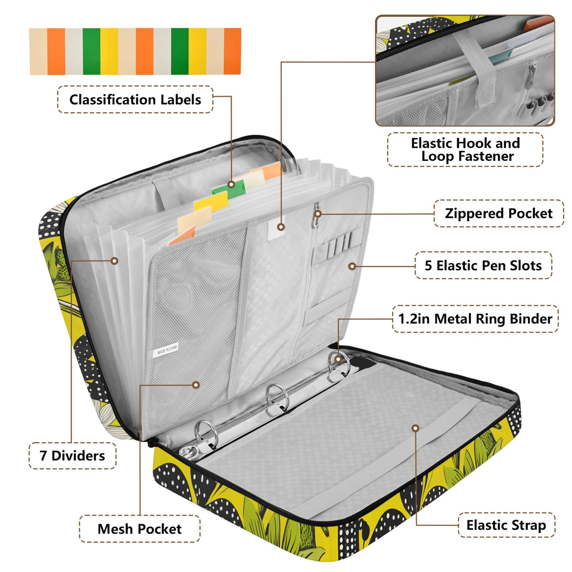 FORMRS Accordion File Folder A4 Size 7-Pocket Expanding Document Organizer Bag with 3 Ring Binder, Yellow Flowers