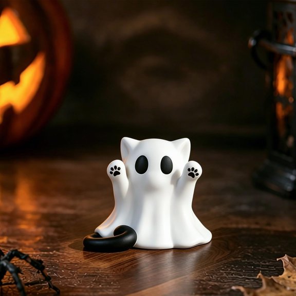 1 Pcs Halloween Ghost Figurine Cute Spooky Unique Cat Design Cartoon Mini Figurines Desk Ornament Decorations Indoor for Halloween Decor Home Table Bedroom Office Desktop Display Ornaments