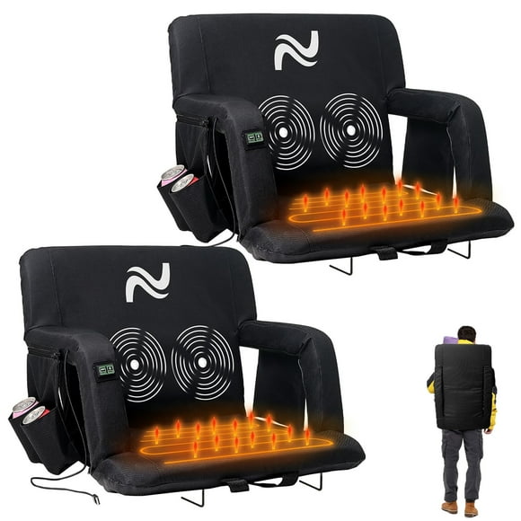 ABORON Heated Massage Stadium Seats for Bleachers Set of 2, Portable Bleacher Seat with Back Support Wide 21 Inch Stadium Chair, USB 3 Levels of Heat, 6 Reclining Positions