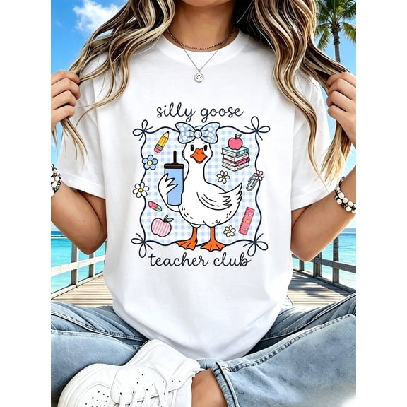 Teacher Club Crew Neck Tee, Silly Goose Print Short Sleeve Top, Teacher's Day & Back To School Casual Gift