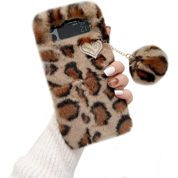 Plush Fur Case for Samsung Galaxy Z Flip 3 5G, Leopard Pattern Fluffy Soft Warm Case with Diamond Love Heart Fuzzy Ball Pendant Shockproof Protective Cover for Girls Women,Brown