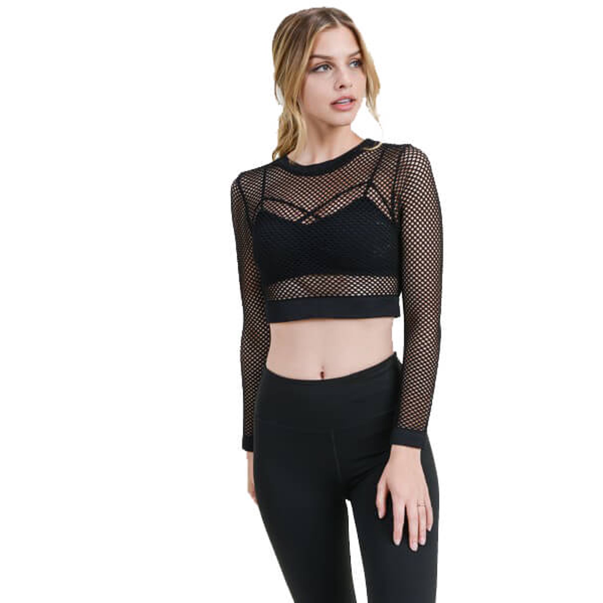 Women's Long Sleeve Fishnet Crop Top - Black S - Walmart.com