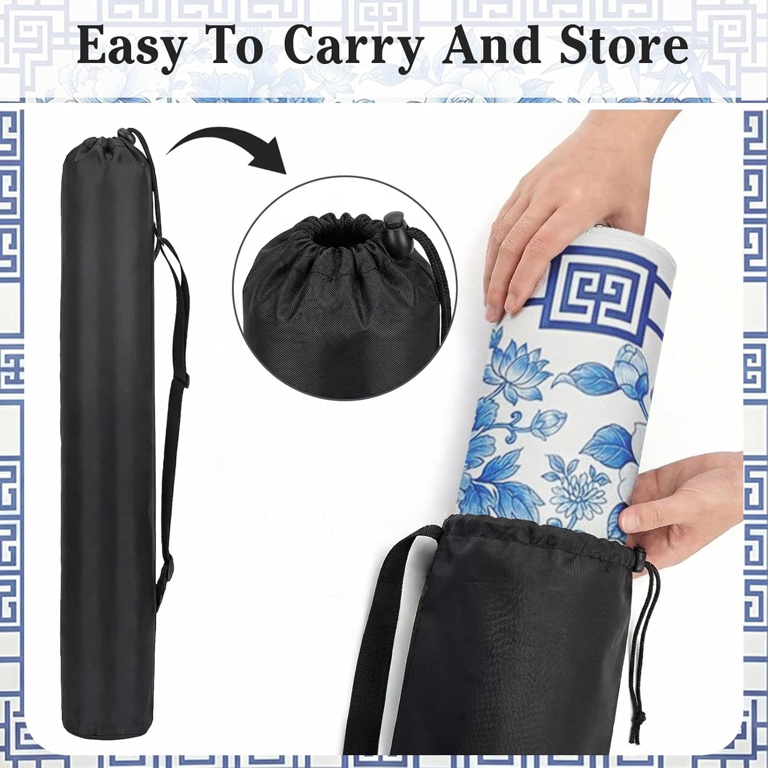Mahjong Mat with Black Carrying Bag Big Floral Blue Vintage Non-Slip Noise Reduction Gaming Mat 31.5" x 31.5" Rubber Multi Purpose Game Table Cover for Mahjong Card Dominoes Board Tile Games