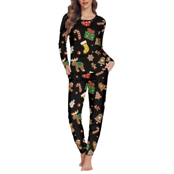 Ropa de dormir de manga larga para mujer, conjunto de dos piezas con patrón navideño, pijama informal y acogedor para el hogar, Invierno