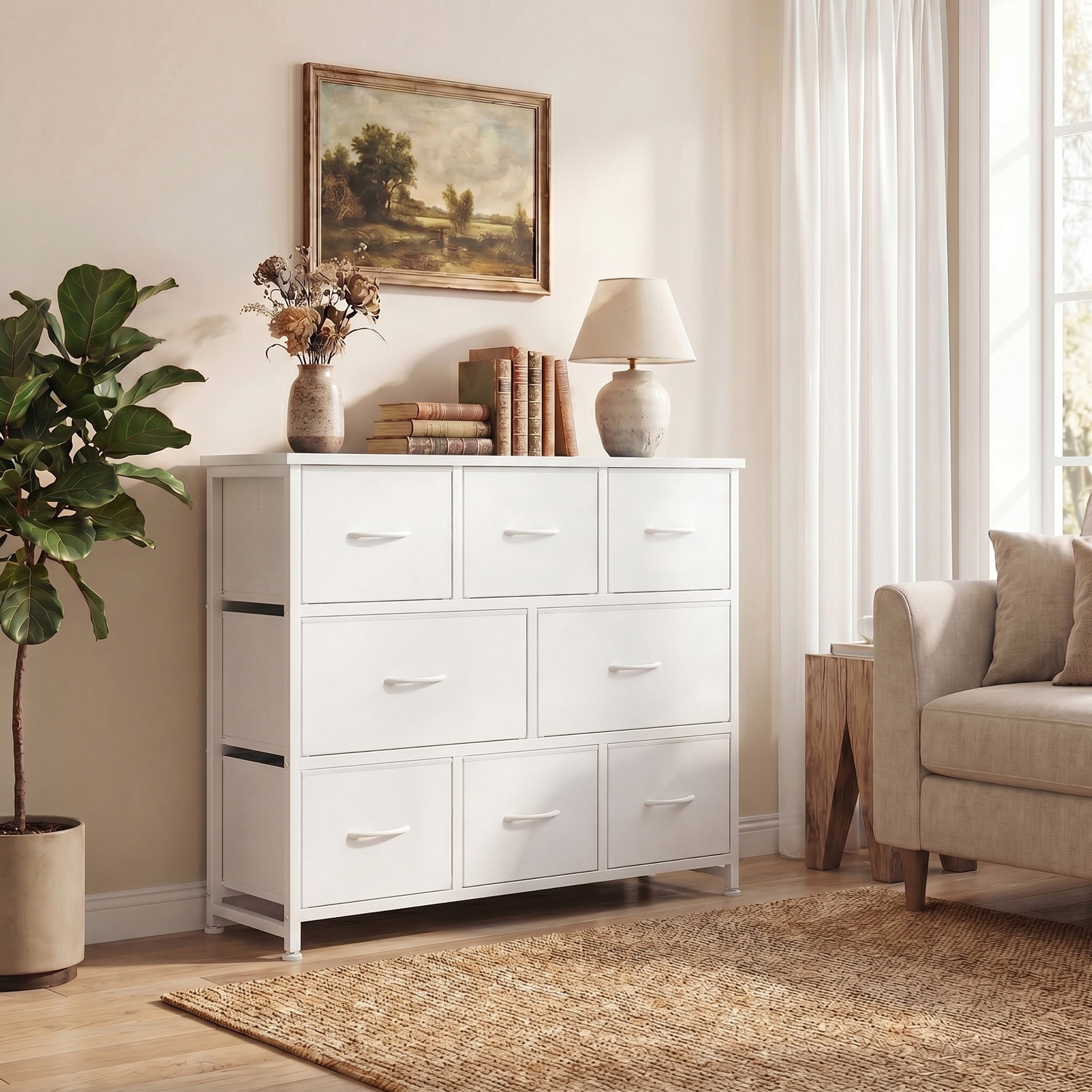 edx 8 Drawers Fabric Dresser, Chest of Drawers with Sturdy Steel Frame, Storage Organizer Cabinet for Bedroom, Living Room, Hallway, White