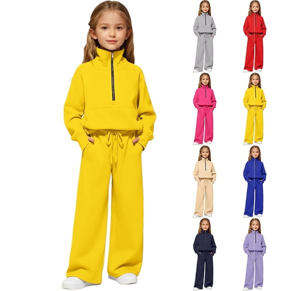 2 Piece Sweatsuit For Girls Half Zip Long Sleeve Sweatshirts Drawstring Wide Leg Pants Casual Stylish Set With Pockets (15-16 Years, Yellow)