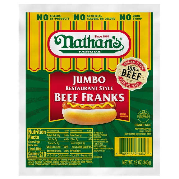Nathan's Famous Jumbo Restaurant Style Beef Franks, 12 oz