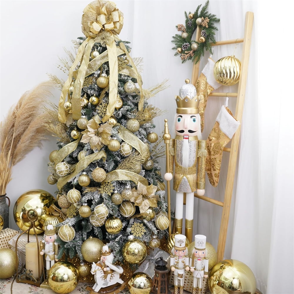NOGIS 24 Pcs Christmas Gold Artificial Pine Branches- 14" Glitter Fake Foliage Pine Stems Picks- Silver Leaves Artificial Pine Needles for DIY Christmas Wreath Home Decoration