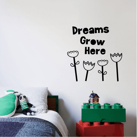 Dreams Grow Here - Quote Vinyl Wall Decal Wall Art Wall Sticker Decoration Cute Butterflies Silhouette Vinyl Wall Deor For Kids Room Bedroom Nursery Room For Home Wall Design Size (40x40 inch)