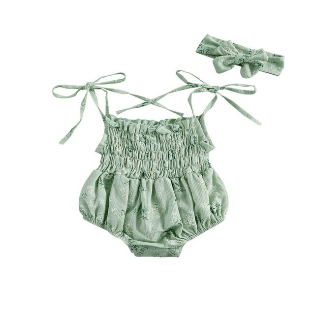 PENGXIANG 2Pcs Bébé Été Tenues Floral Imprimé Spaghetti Sangle Romper Bowknot Bandeau