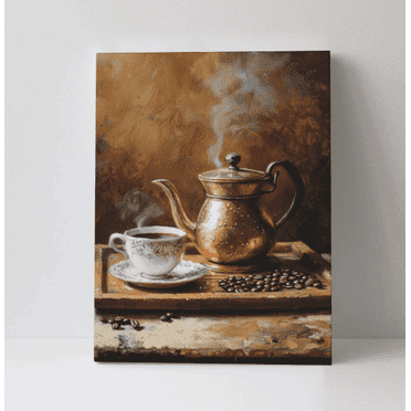 Morning Brew - Realistic Oil Painting of Copper Coffee Pot & Steaming Cup, Kitchen Art Print