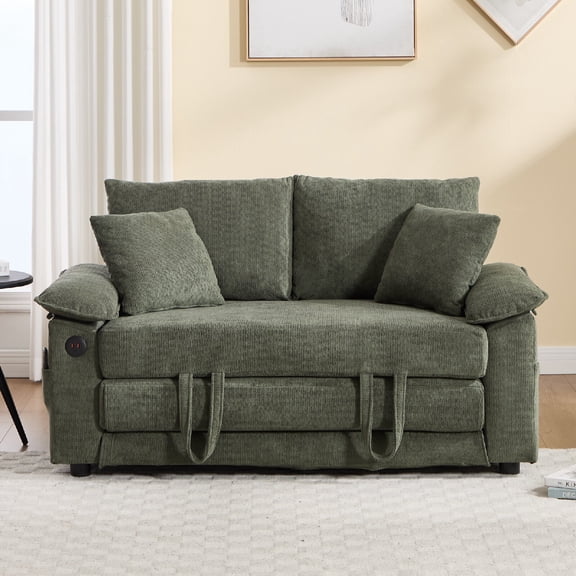 58 inch 3-in-1 Upholstered Futon Convertible Sofa Couch with Power Outlet, Foldable Tufted Loveseat Mattresses with Pull Out Sleeper Couch Bed and Side Pockets for Living Room, Apartment, Green