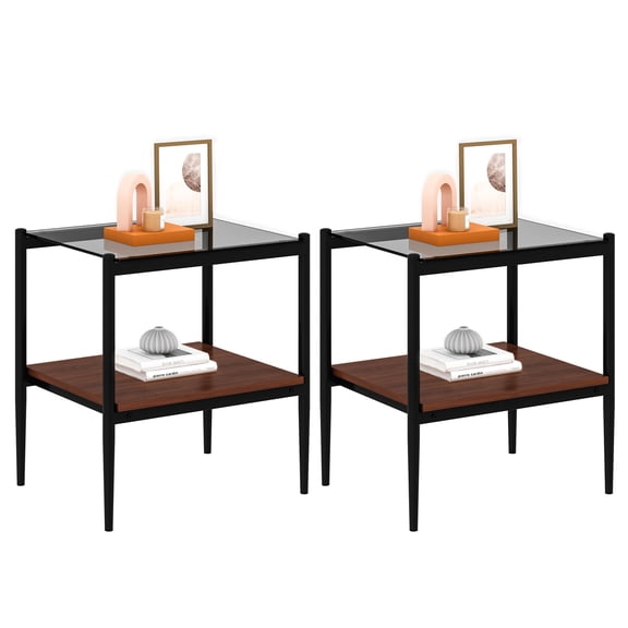 Knubmt Set of 2 Tempered Glass Tabletop Side Table End Table with Black Metal Legs, 2 Tiers Rectangle Coffee Table for Living Room, Office, Gray Glass