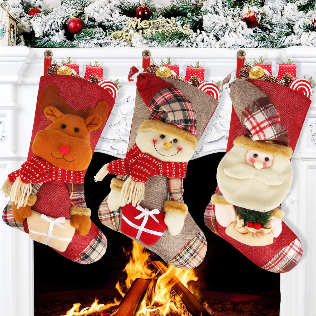 3D Fleece Felt Christmas Xmas Stocking ~ Reindeer Santa Snowman 
