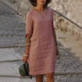 thumbnail image 3 of Vintage Women Solid Mini Dress Summer Fashion V-neck Three Quater Sleeve Cotton Linen Dress Ladies Casual Holiday Vestidos, 3 of 6