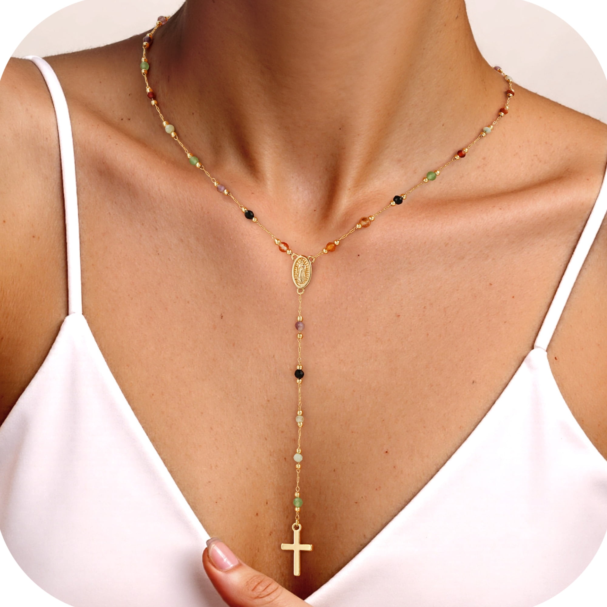 Turandoss 14K Gold Plated Cross Necklace for Women Dainty Holy Mary Medal Cross Colorful Rosary Beaded Y Chain Teacher Appreciation Mothers Day Graduation Gifts for Her Mom Kids Teen Girls Wife Ideas