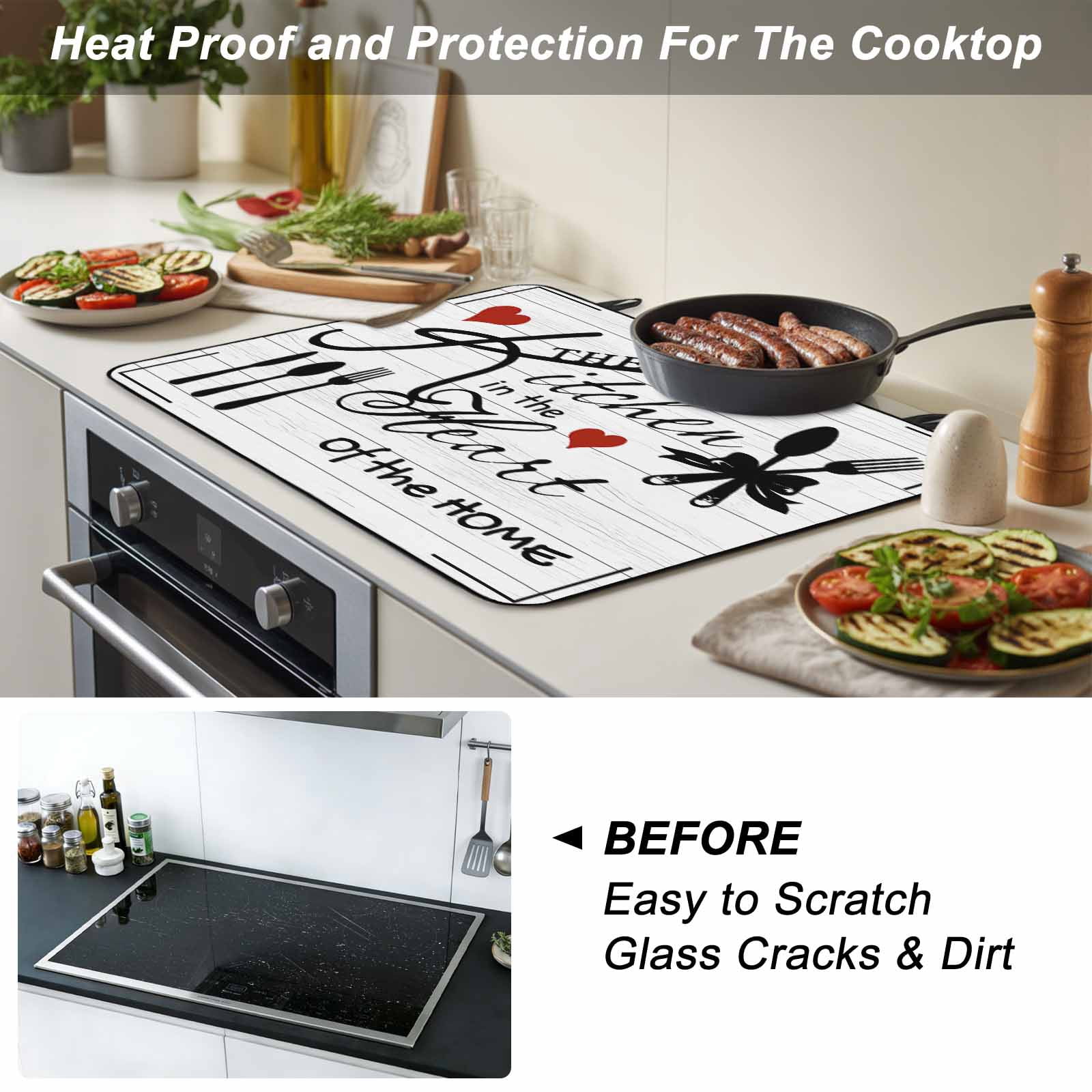 Kitchen Tableware Stove Top Cover for Electric Stove, Heat-proof & Non Slip Glass Top Stove Cover Protector, Red Love Heart Black Words Vintage Kitchen Flat Cooktop Rubber Mat 24x21 Inches