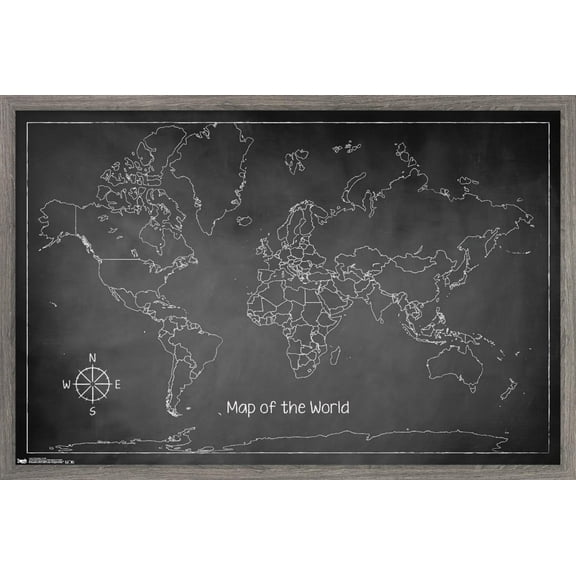 Chalk Map - World Wall Poster, 22.375" x 34", Framed