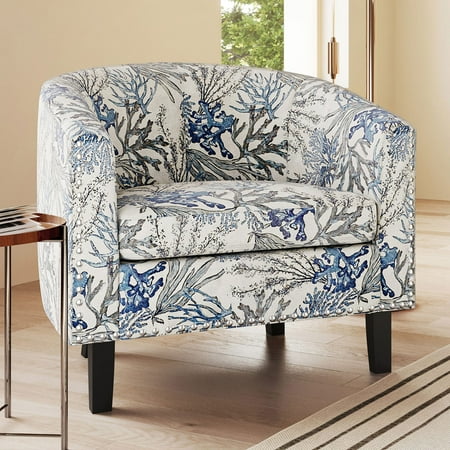 BELLEZE Accent Barrel Chair Modern Tub Club Chair Upholstered Armchair for Living Room Linen Chair with Gold Nail Head Trim Black Legs - Kyara (Blue Coral)