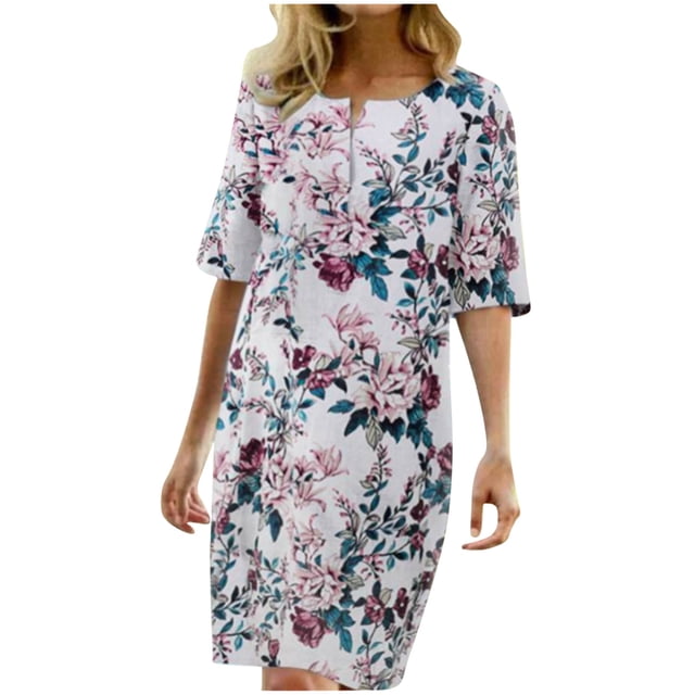 Pompotops Femmes Casual Col Rond Demi-Manche Imprimé Floral Robes
