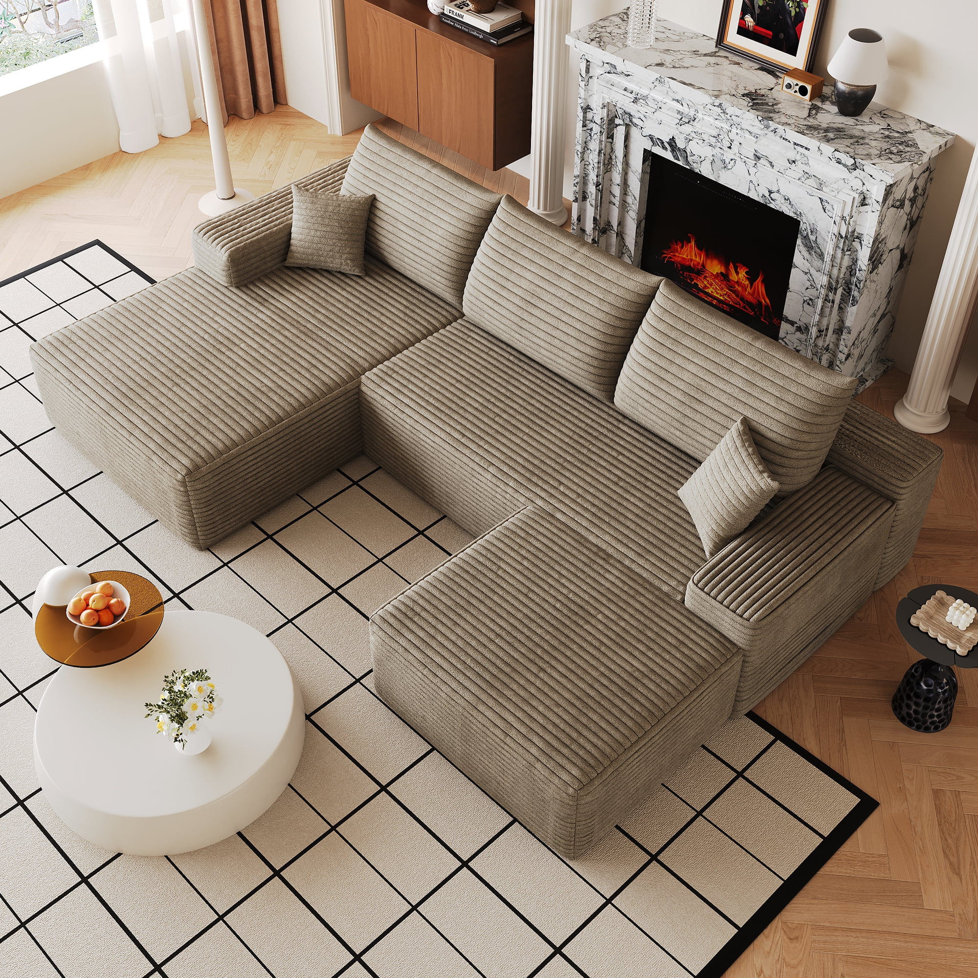Cloud Sectional Sofa 107 Inch, U-Shaped Modular Couch with Ottoman and Corduroy Fabric, Deep Seat Corner Sofa for Living Room, No Assembly Required, Camel