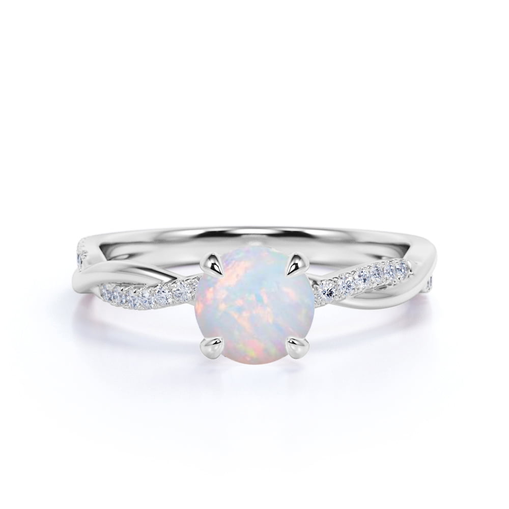 Round Cut White Fire Opal Engagement Wedding Genuine Sterling Silver Ring Set