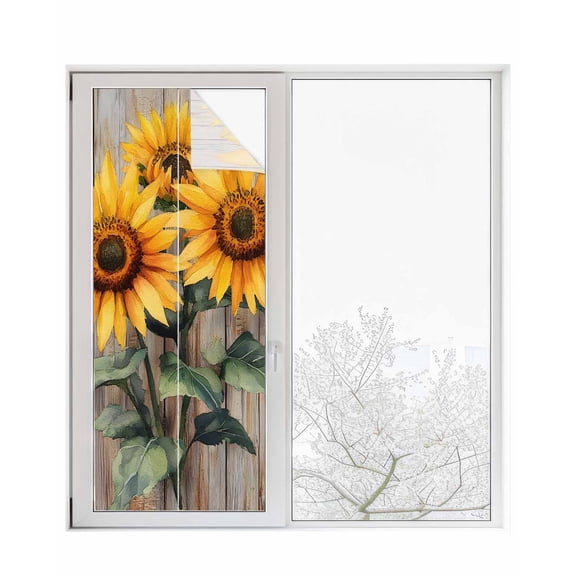 Window Privacy Film Summer Sunflower Stained Glass Window Film Decorative Sun Block Window Cover Vintage Wood Floral Botanical Rustic Window Clings Static Adhesive Sticker for Bathroom 23.6"x59"