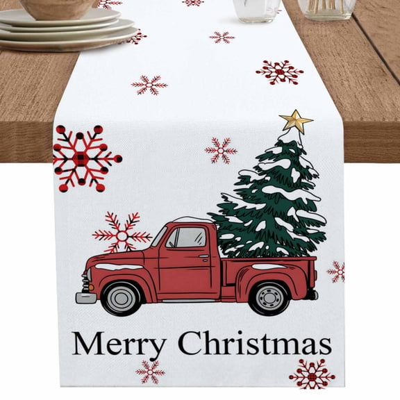 nqOlkjepod Christmas Tree Table Runner 120 Inches Long Farmhouse Dress Scarves, Red Truck Winter Snowflake Country Dining Tablerunner for Coffee Table/Kitchen Island/Party Décor, 13" x 120"