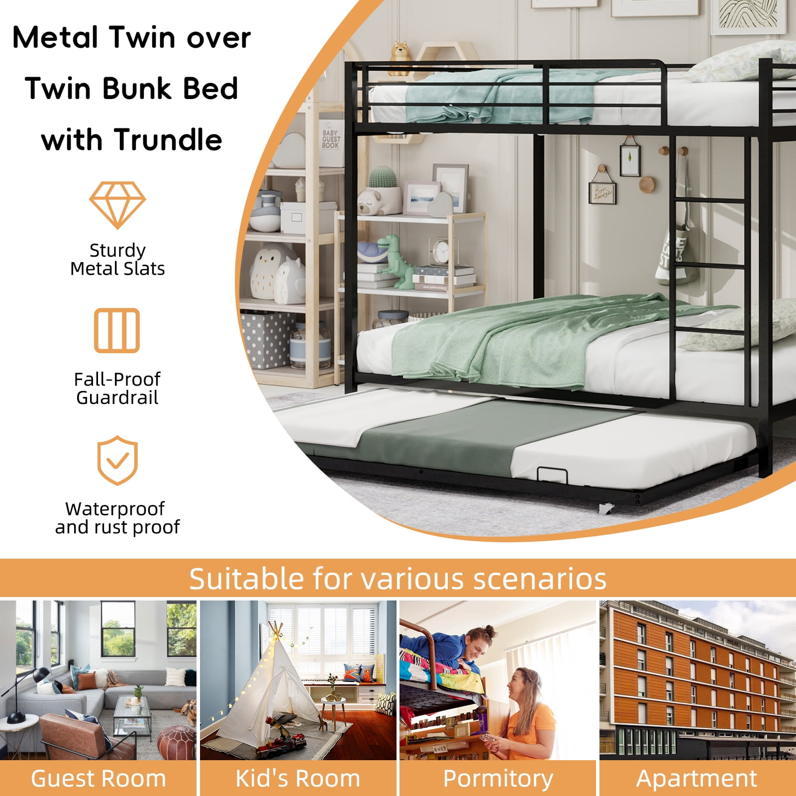 Bunk Bed with Trundle, Full Over Full Bunk Bed - Square Tube Iron Frame with Safety Rails and Rolling Trundle, Multi-Level Sleeping System for Family or Dorm, Easy Assembly, Black