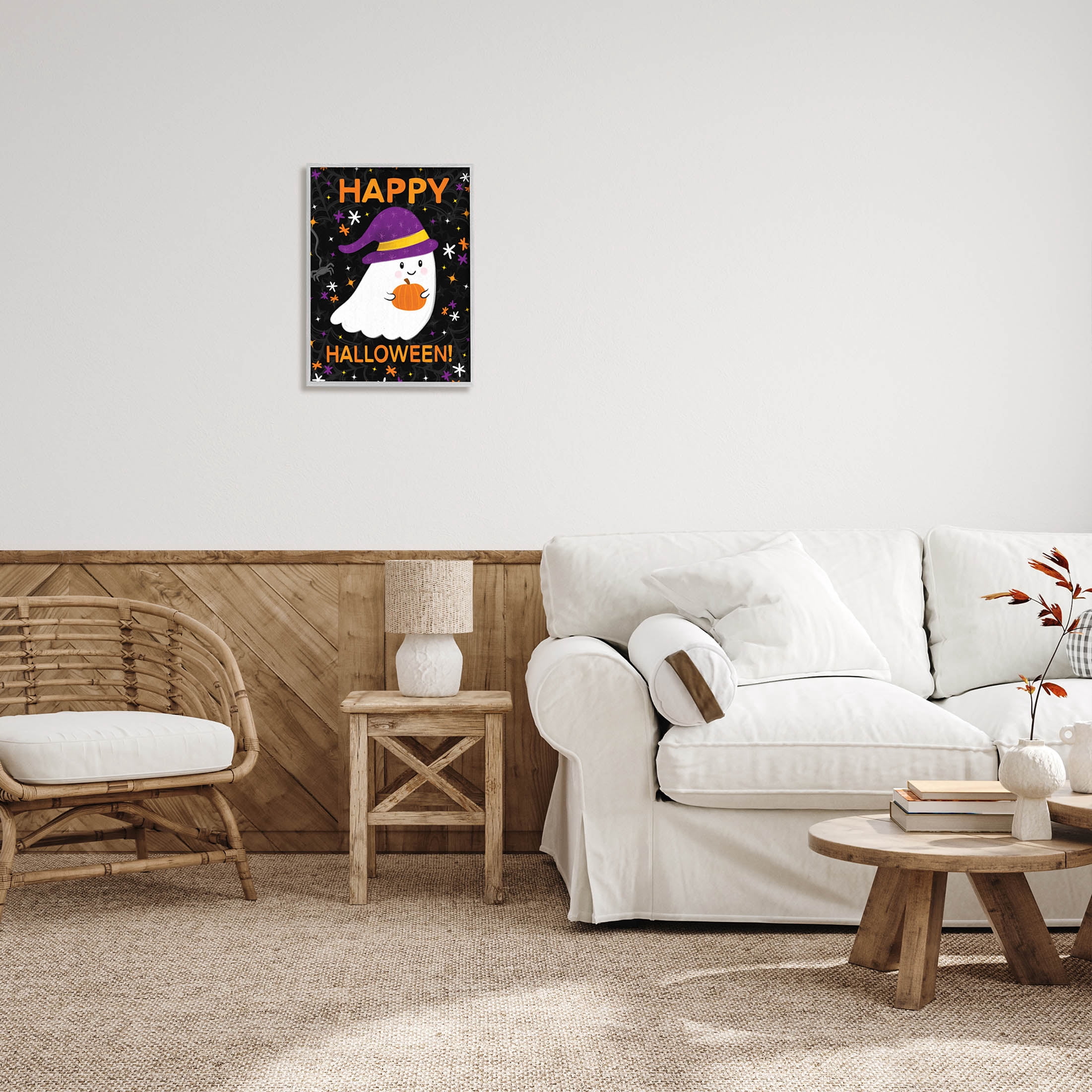 Stupell Industries Happy Halloween Happy Ghost Graphic Art Gray Framed Art Print Wall Art, Design by Emily Cromwell