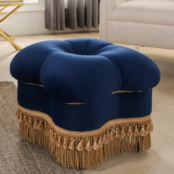 Navy Blue Velvet Clover Ottoman with Gold Bullion Fringe for Living Room and Entryway