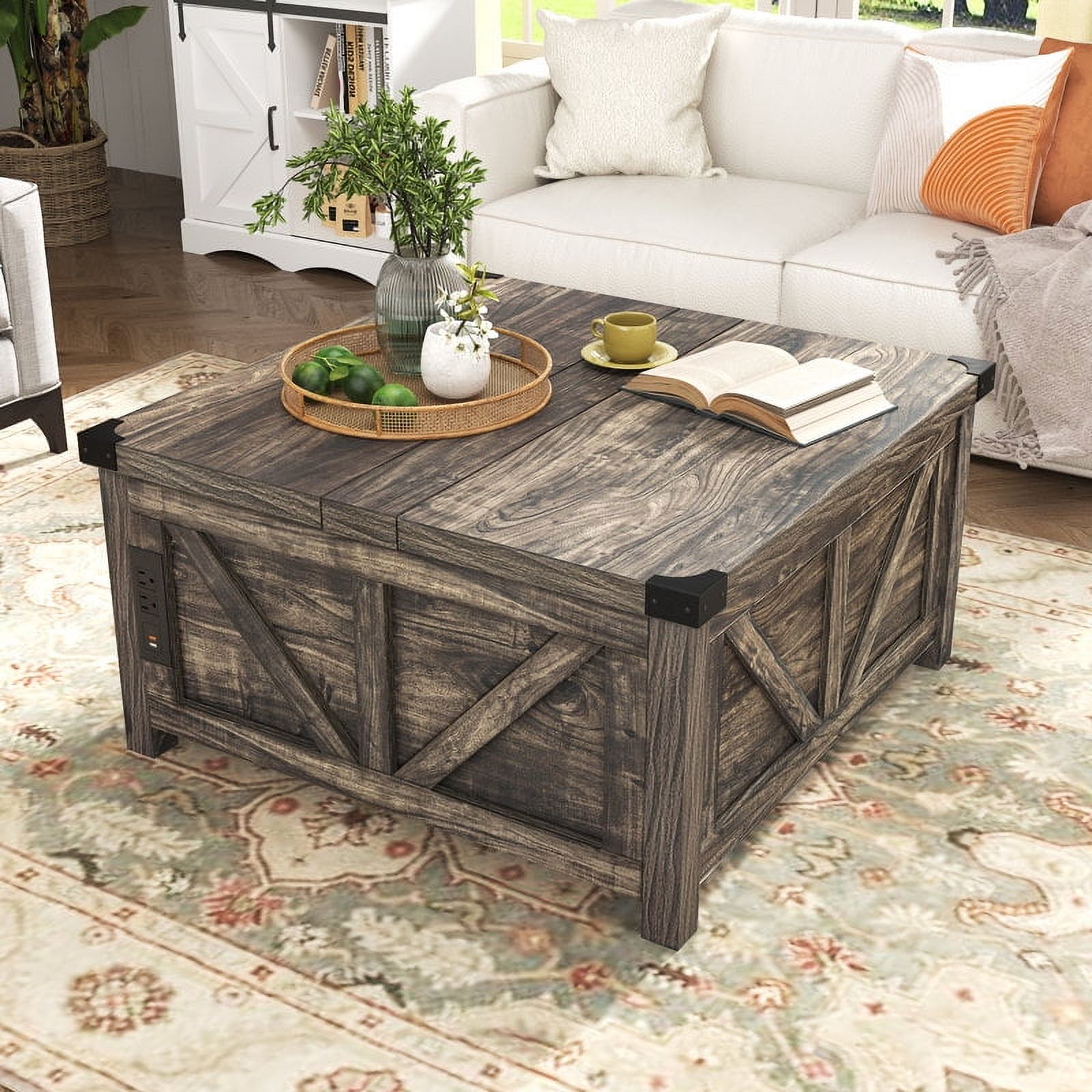 35.6" Lift Top Coffee Table with Storage, Farmhouse Square Coffee Table with Charging Ports, Wood Center Table w/Large Hidden Space for Living Room Home Office,Dark Grey