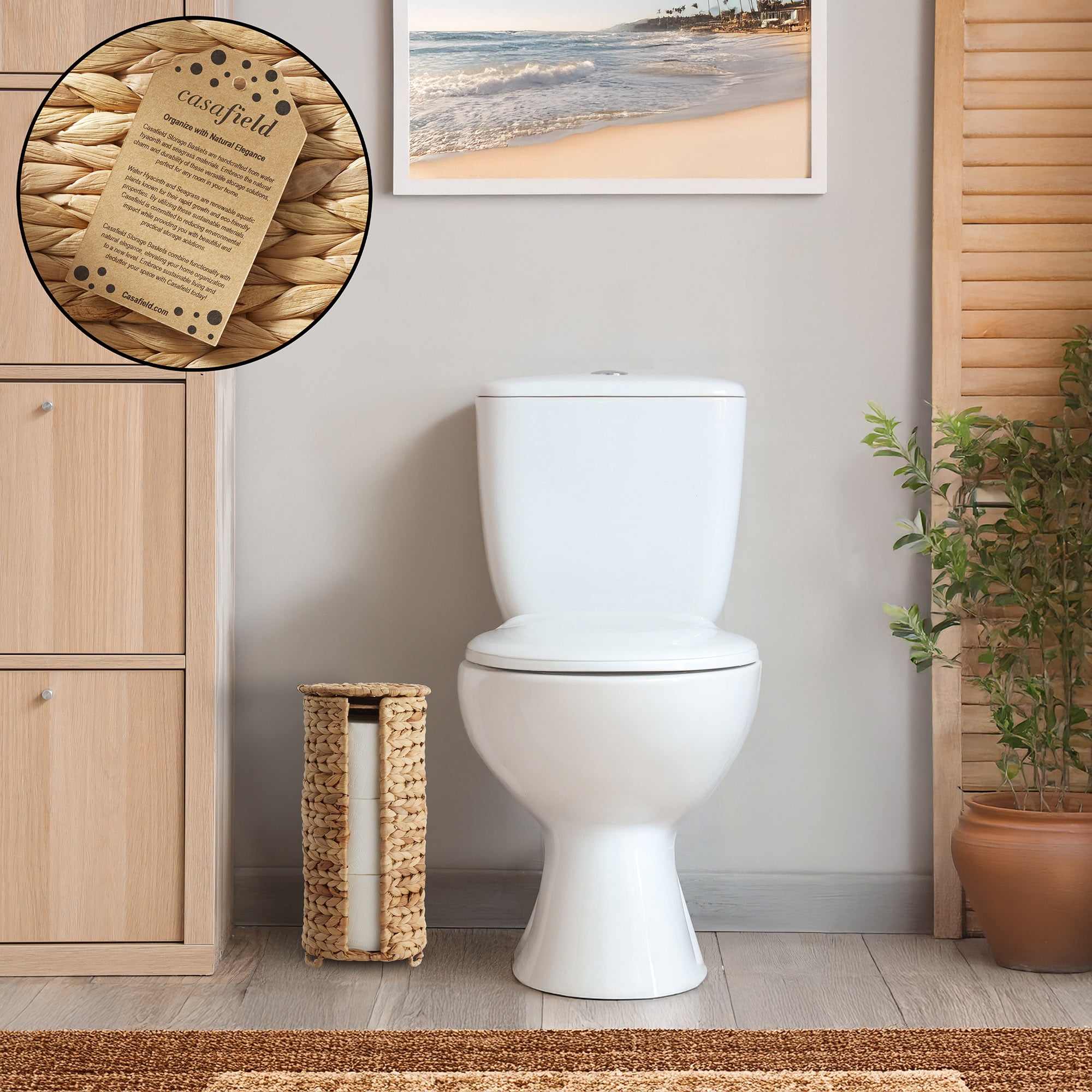 Casafield Toilet Paper Roll Holder with Lid - Natural, Fits 3 Rolls, Free Standing Water Hyacinth Bath Tissue Storage Organizer for Bathroom