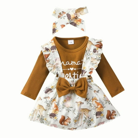 

Infant Letter Love Printing Long Sleeve Triangle Hachi Lace Strap Skirt Bow Animal Printing Brown 3-6 months