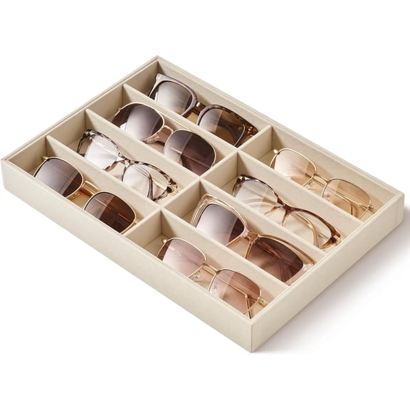 Drawer Sunglass Organizer & Display Tray: 1 Pcs 8 Grids Velvet Scratch-Free Eyeglasses Case (13.8x9.4x1.6inch) - Soft Beige Glasses Storage Holder Box for Men & Women
