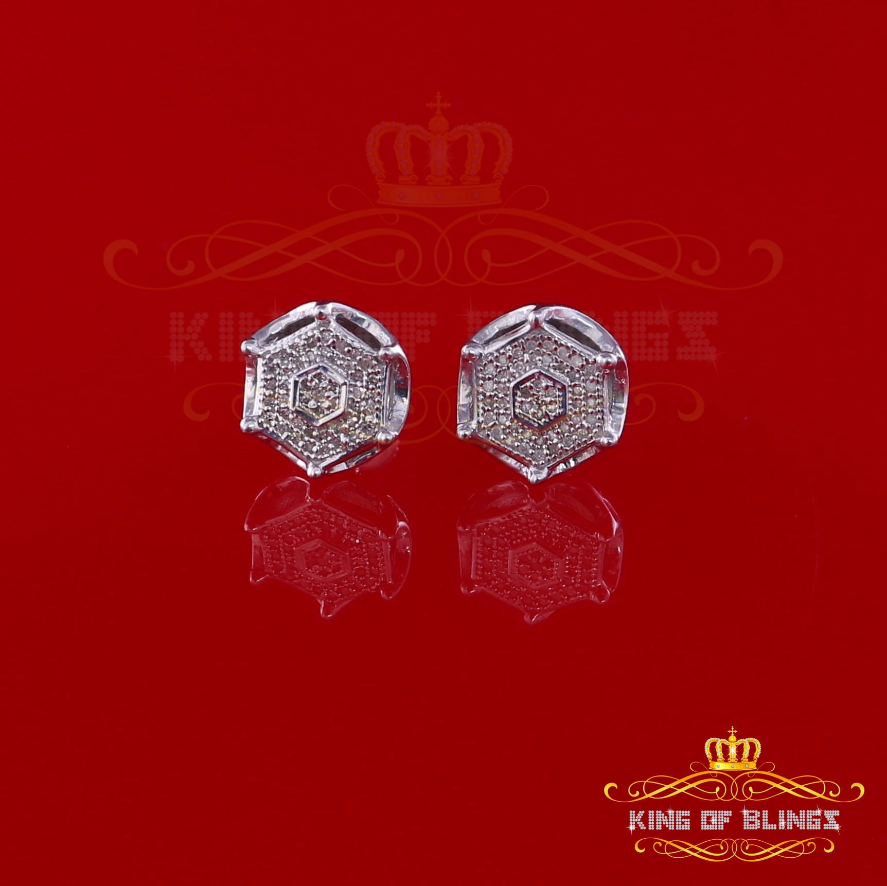 King of Bling's 0.25ct Diamond Stud Hexagon Earrings For Women White 925 Sterling Silver For Men