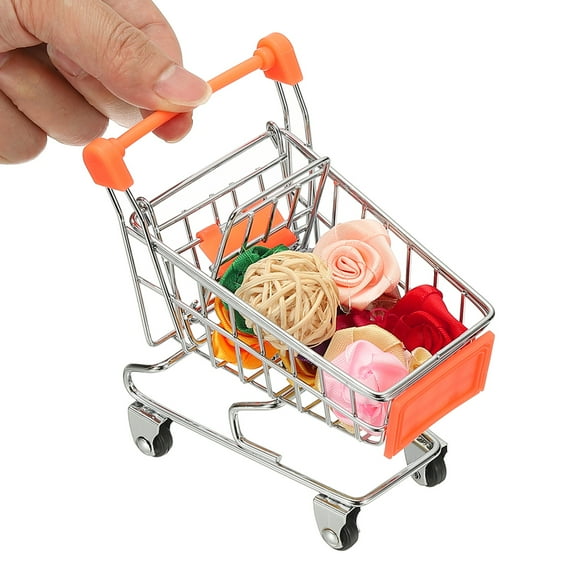 Mini Shopping Cart, Tiny Shopping Cart Trolley Miniature Grocery Supermarket Handcart Small Basket with Wheels for Pretend Play Dolls Storage Store Toy Dollhouse Gift, Orange