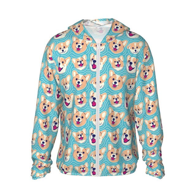 Balery Cute Corgi Head Sudadera ligera de manga larga con capucha y protección solar UPF 50+ para hombre y mujer, ideal para pesca y running-X-Large