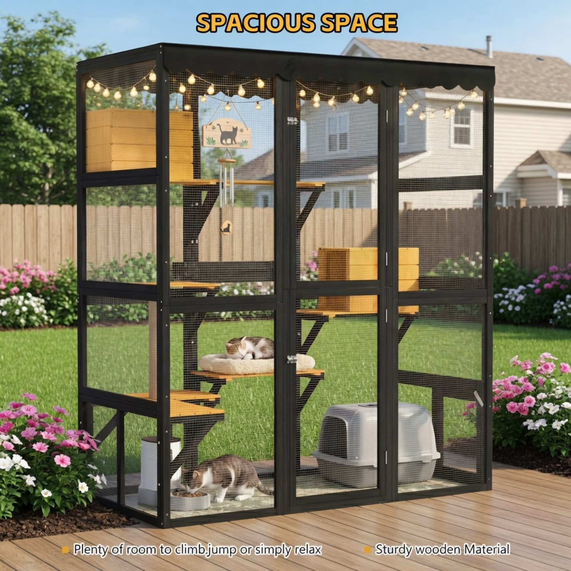 GYSIBAPO Large Wooden Catio Outdoor Cat Enclosure, Walk-in Cat House with 2 Condos, 5 Platforms, 4 Doors & Weatherproof Roof