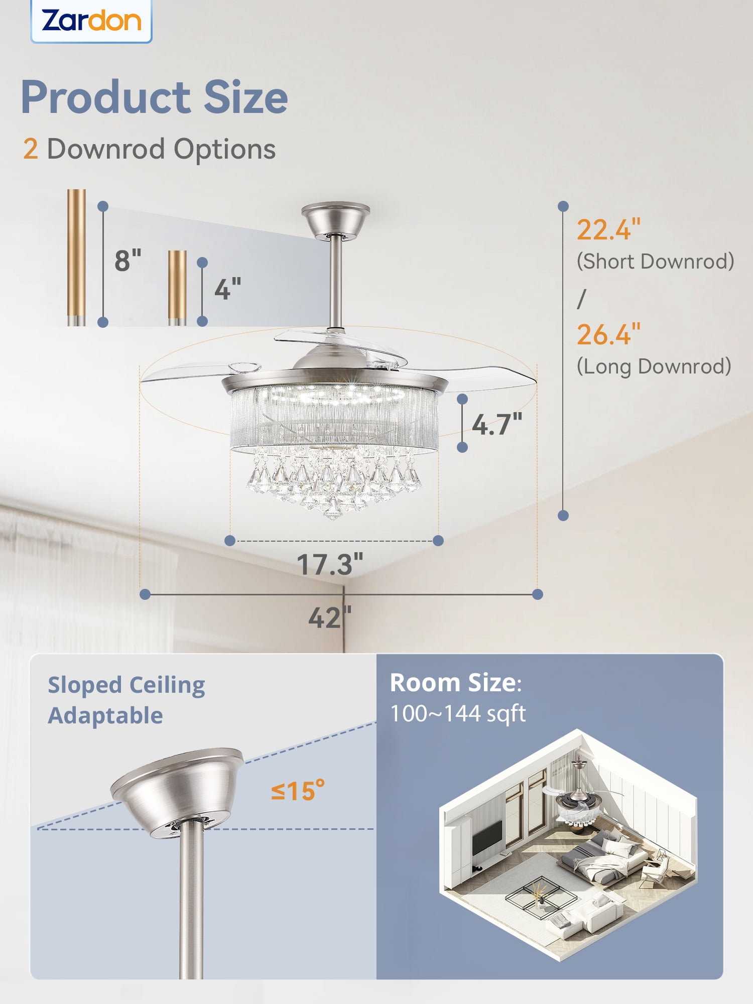 Zardon 42in Ceiling Fans with Light and Remote Control, Crystal Fandeliers with Reversible 6 Speeds, for Indoor, Nickel