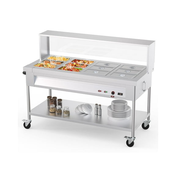 Riedhoff 96QT Commercial Food Warmer,12-Pans with Acrylic Shield with Lockable Wheels