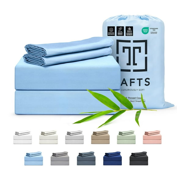 Tafts Draps 100 % Viscose Dérivés de Bambou Ensemble de Draps Taille Complète Poches Profondes 17 Pouces Draps Luxueusement Doux Soyeux Rafraîchissants Double Couture Garantie à Vie (Bleu Ciel)