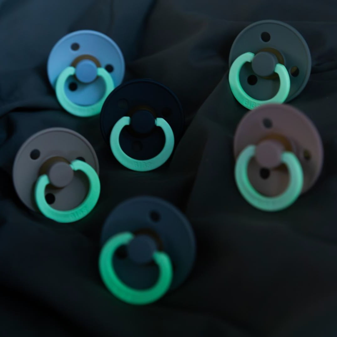 BIBS Colour Glow in The Dark Latex Pacifier Size 2, 6,18 Months, Iron/Baby Blue, 2 Pack